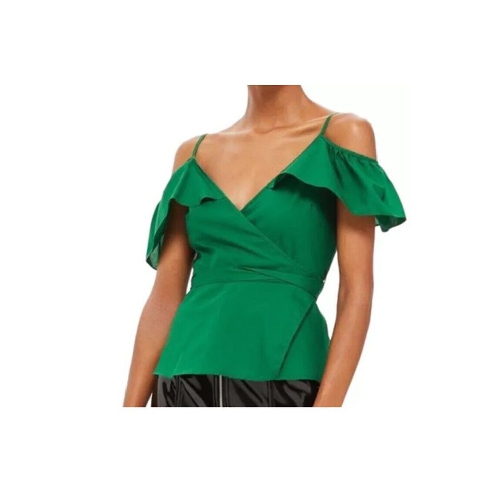Top Shop Green‎ Ruffle Cold Shoulder Wrap Top Women's 6 Tie Back Cotton Blend